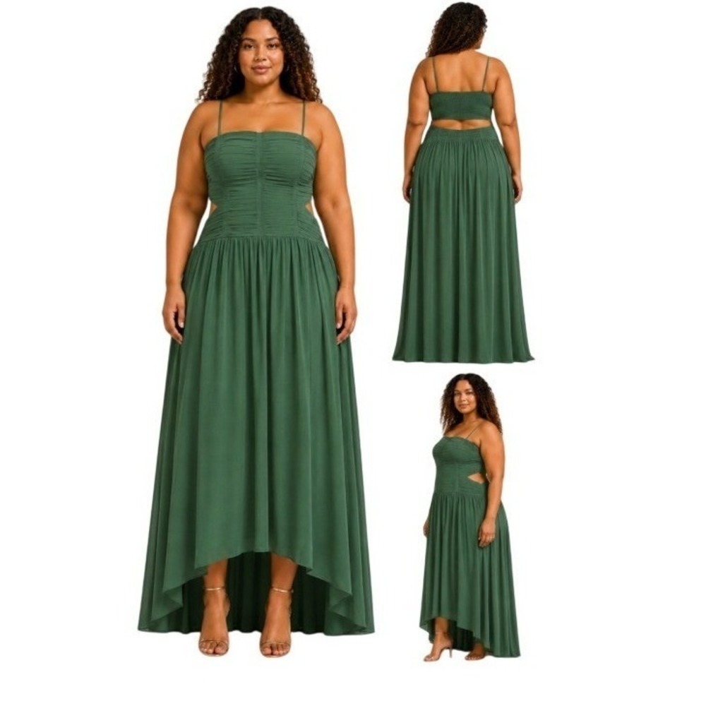 American Eagle Womens Plus Size XXL Green Ruched Cutout High Low Maxi Dress NWT